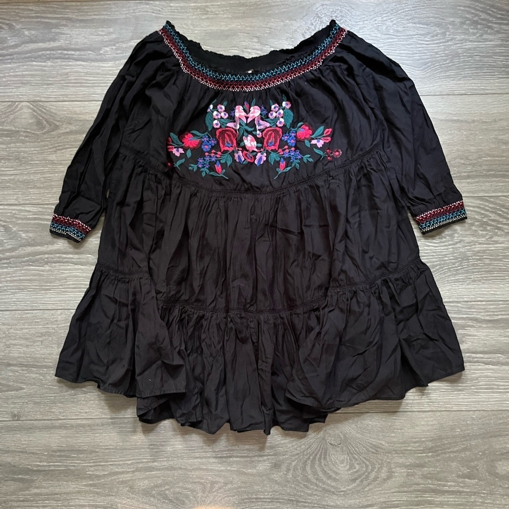 Free People Black Sunbeam Floral Embroidered Tiered Off Shoulder Mini Dress M